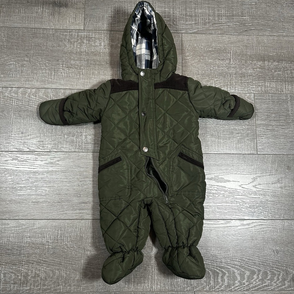Rothschild Baby Quilted Snowsuit 3-6M‎ Green Hooded Footed Plaid Lined Bunting